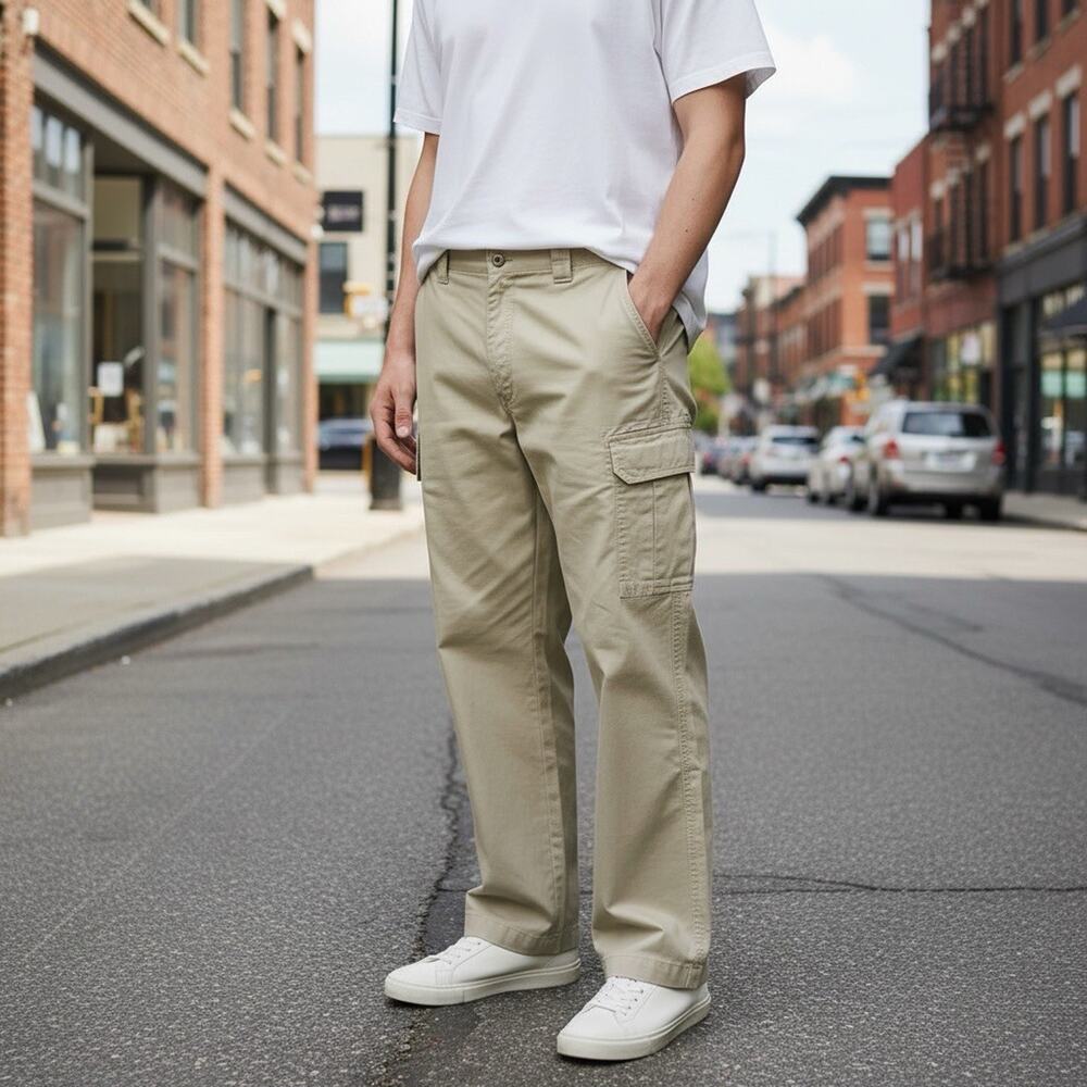 L.L. Bean Cargo Pants Mens 40x32 Khaki Tan Hiking Outdoor Pockets Rugged Cotton